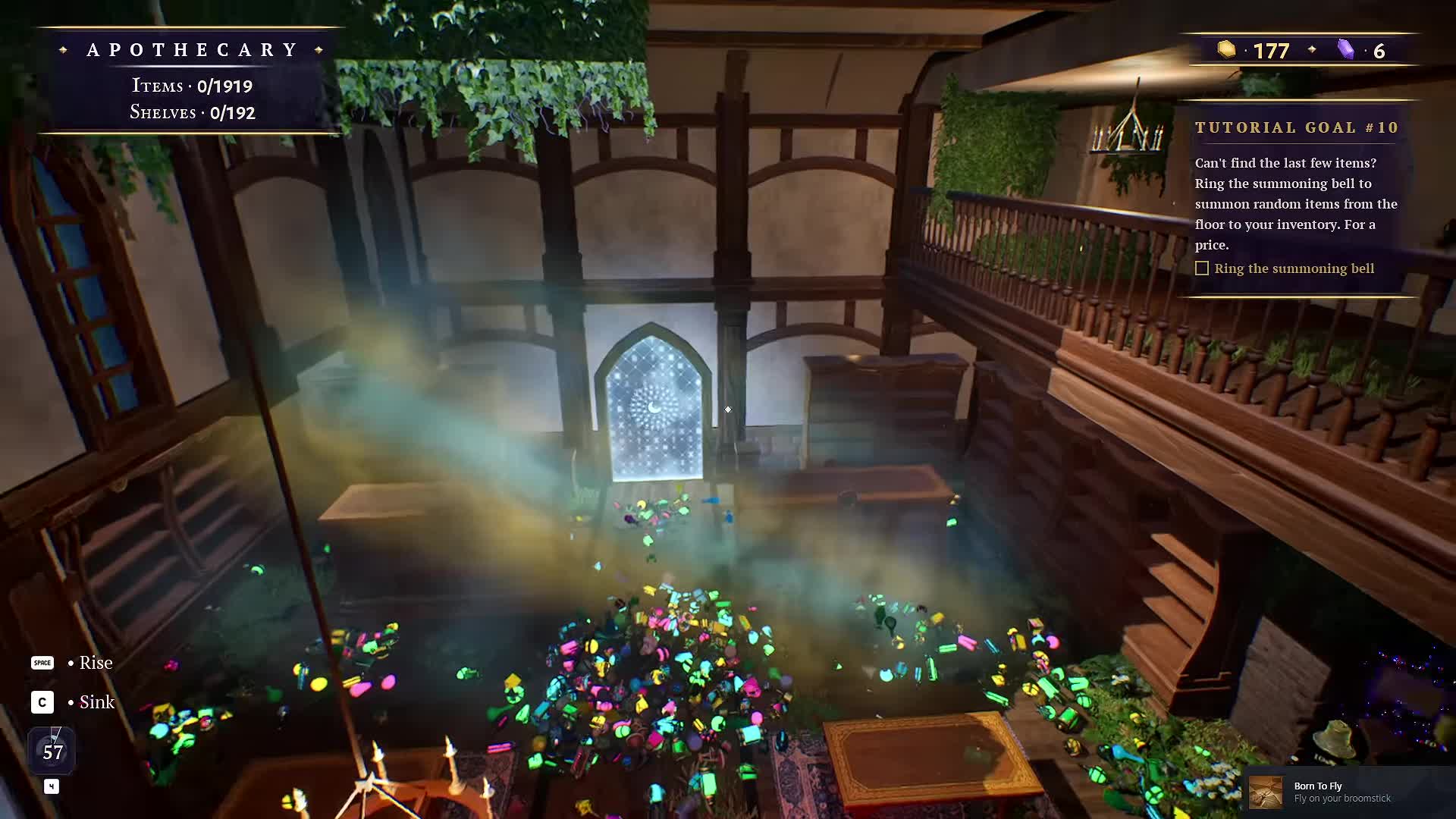 Airborne Apothecary view with Space to rise, C to sink and the Born To Fly achievement notification