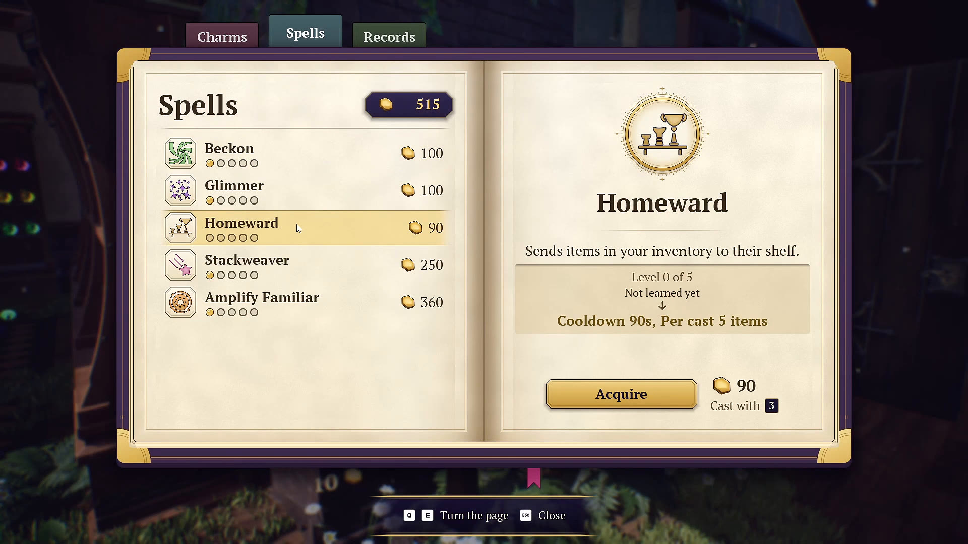 Homeward ledger showing five items per cast at the initial level