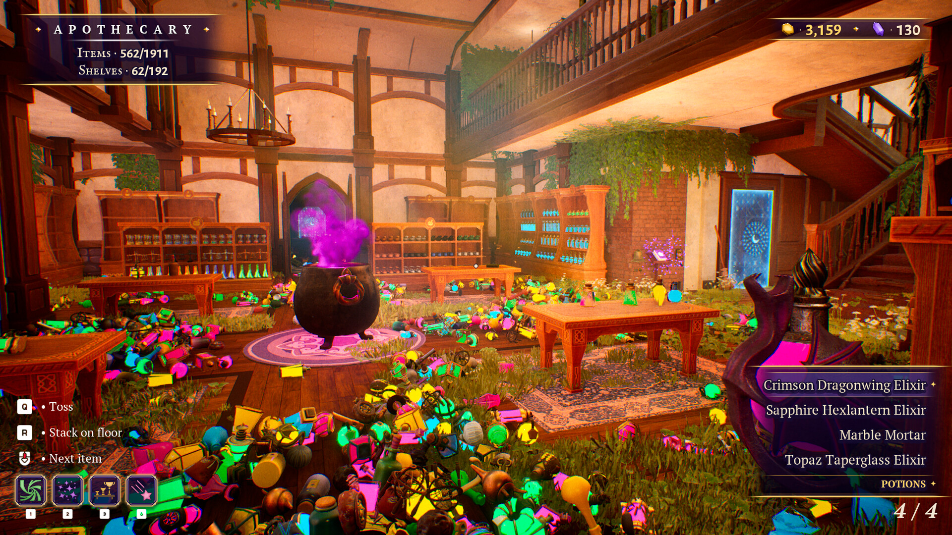A warm, cluttered witch’s Apothecary with shelves, potions, and a magical cauldron