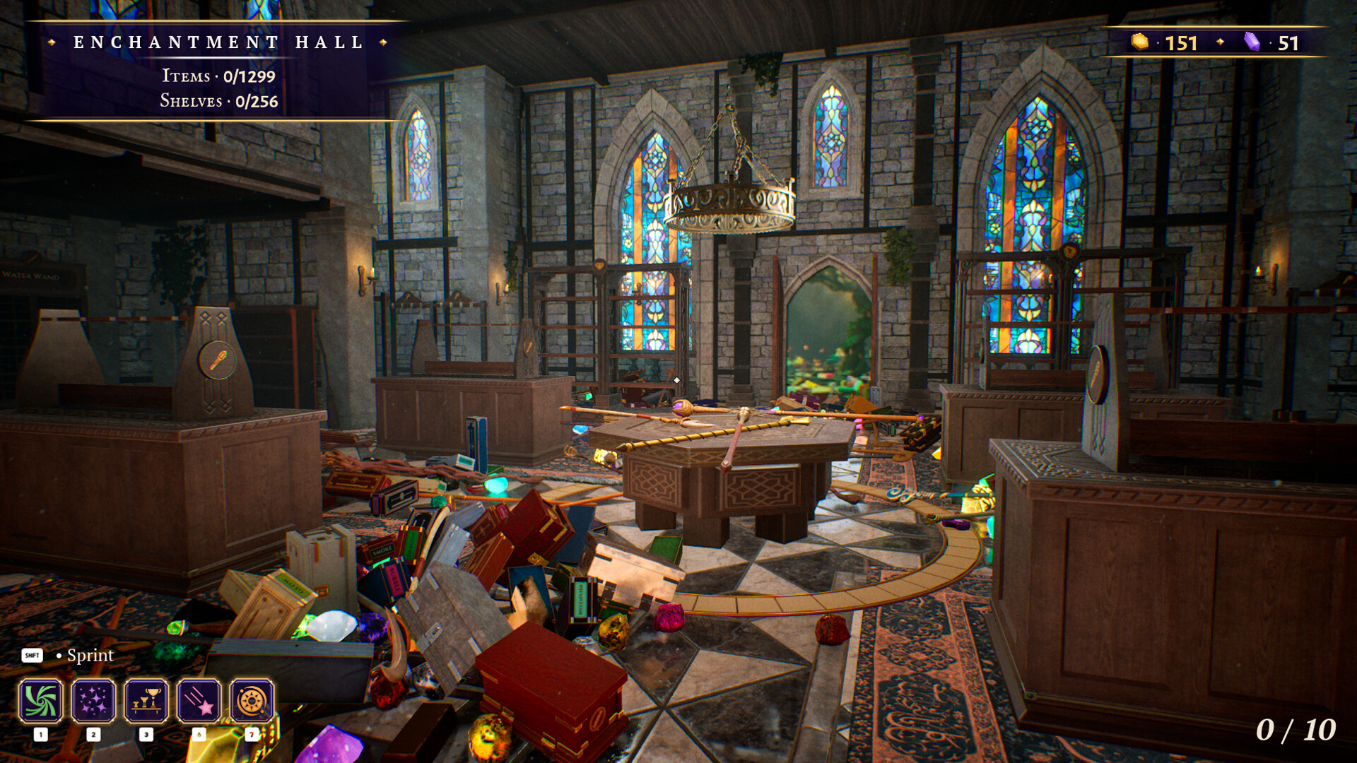 The Enchantment Hall with stained-glass windows and scattered magical items