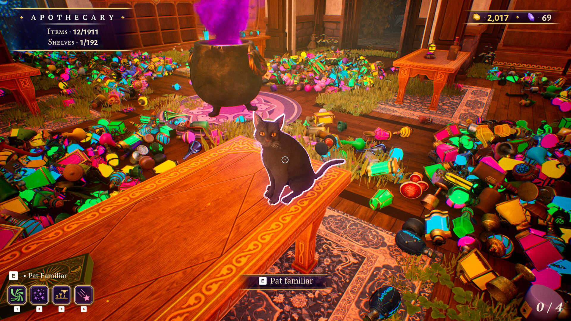 The black cat familiar sitting beside the Apothecary cauldron