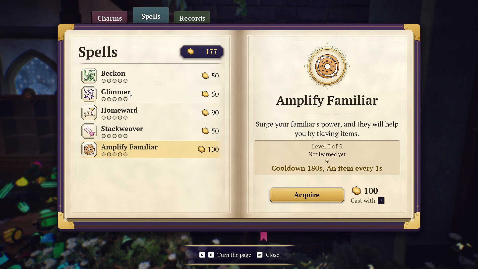 The enchanted ledger listing five spells and the Amplify Familiar description