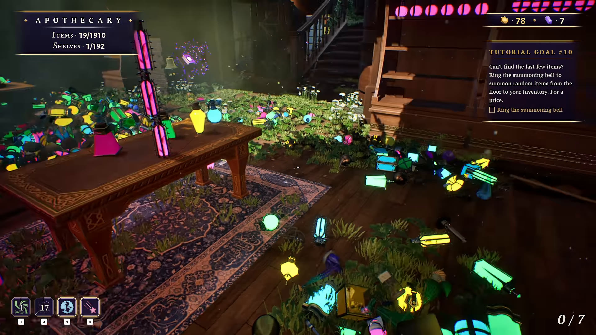 The Apothecary tutorial explaining that the summoning bell brings random floor items into inventory for a price