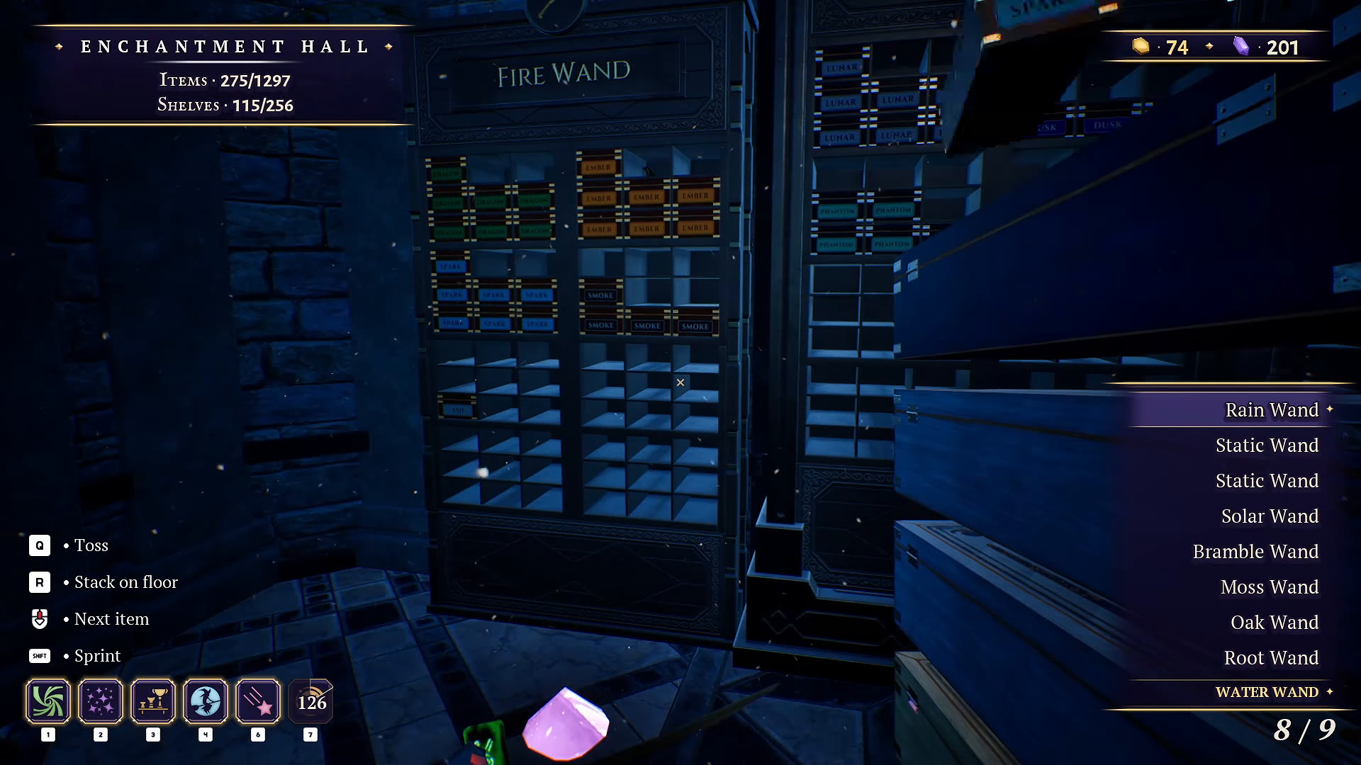 Rain Wand selected with Water Wand category beside the Fire Wand cabinet